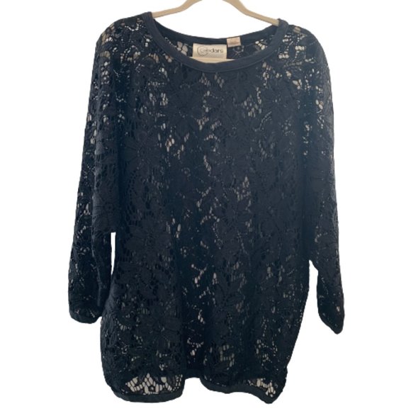 Cedars Tops - Vintage Cedars Floral Black Lace Medium Women's Tunic Top Blouse 100% Polyester